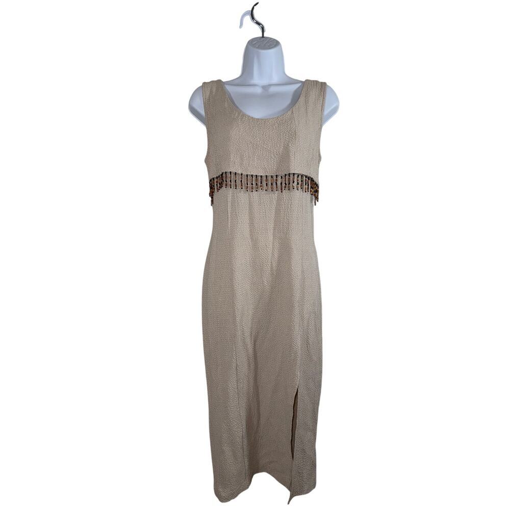Vintage 90's Be Smart Boho Wooden Beaded Trim Beige Maxi Dress
